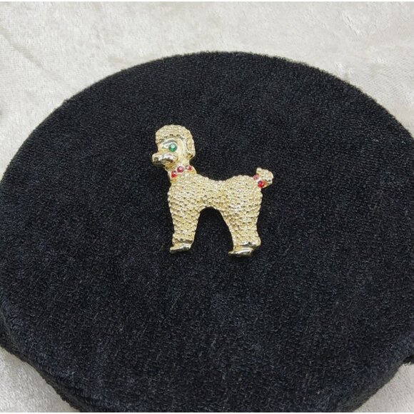 Vintage Womens Gold Tone Green and Red Rhinestones Poodle Brooch - Picture 2 of 3